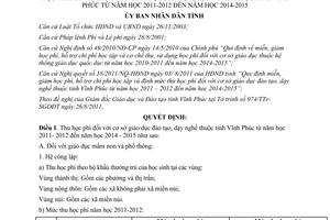 Quyết định 37/2011/QĐ-UBND hỗ trợ học phí học tập cơ sở giáo dục dạy nghề Vĩnh Phúc