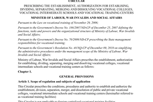 Circular No. 24/2011/TT-BLDTBXH prescribing the establishment, authorization