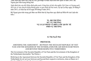 Thông báo hiệu lực của Nghị định thư sửa đổi Hiệp định về vận chuyển hàng không