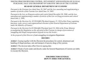 Decision No.2005/QD-TCHQ control handling of illegal purchase narcotic drugs