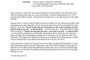 Công văn 1626/TLĐ triển khai chương trình quốc gia an toàn lao động