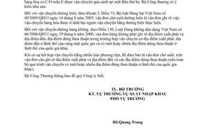 Công văn 8114/BCT-XNK  cách hiểu vận đơn chở suốt