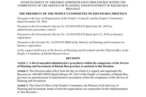 Decision No. 2821/QD-UBND amended administrative procedures of the service of planning investment of Khanh Hoa