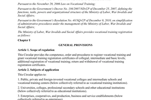 Circular No. 29/2011/TT-BLDTBXH of October 24, 2011, providing vocational training registration