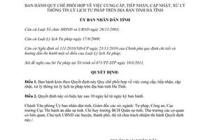 Quyết định 32/2011/QĐ-UBND cung cấp tiếp nhận xử lý thông tin lý lịch tư pháp Hà Tĩnh