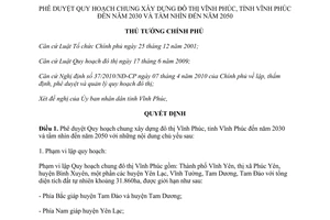 Quyết định 1883/QĐ-TTg Quy hoạch chung xây dựng đô thị Vĩnh Phúc