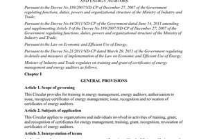 Circular No. 39/2011/TT-BCT providing for training, grant of certificates