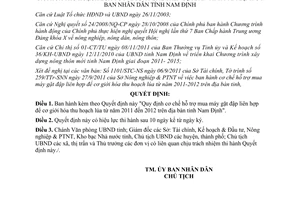 Quyết định 26/2011/QĐ-UBND cơ chế hỗ trợ mua máy gặt đập liên hợp Nam Định