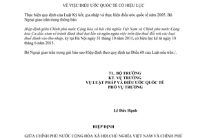 Thông báo 22/2015/TB-LPQT hiệu lực Hiệp định tránh đánh thuế hai lần Việt Nam và Cadắcxtan