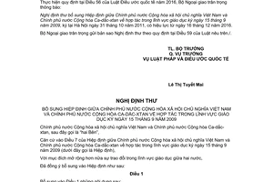 Thông báo 09/2017/TB-LPQT hiệu lực Nghị định thư bổ sung Hiệp định hợp tác giáo dục Ca dắc xtan 2009