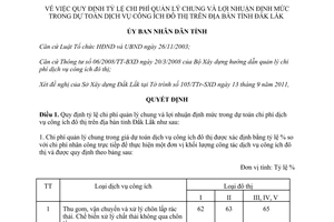 Quyết định 27/2011/QĐ-UBND  tỷ lệ chi phí quản lý chung và lợi nhuận
