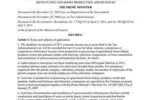 Decision No. 54/2011/QD-TTg extending 2011 corporate income tax payment deadline