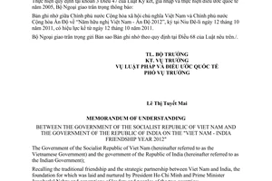 Thông báo hiệu lực Bản ghi nhớ  Năm hữu nghị Việt Nam - Ấn Độ 2012