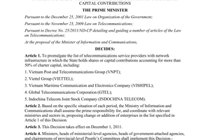 Decision No. 55/2011/QD-TTg on the list of telecommunications service providers