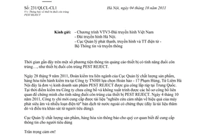 Công văn 231/QLCL-CL1 thông báo về thiết bị đuổi côn trùng PEST REJECT