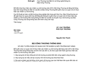 Công văn 790/ATMT-QLMT  đăng tải thông báo tuyển chọn nhiệm vụ môi trường