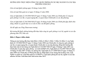 Thông tư 189/2011/TT-BQP hướng dẫn thực hiện công tác quốc phòng ở bộ, ngành