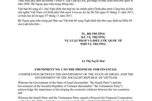 Thông báo hiệu lực Văn bản bổ sung Nghị định thư hợp tác tài chính