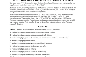 Resolution No. 13/2011/QH13 , on national target programs during 2011-2015