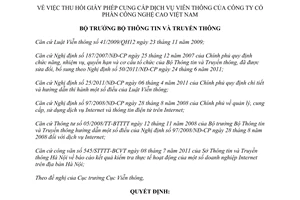 Quyết định 1892/QĐ-BTTTT thu hồi Giấy phép cung cấp dịch vụ viễn thông