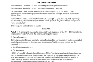 Decision No.2038/QD-TTg approving the master plan on medical waste treatment