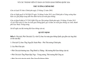 Quyết định 2062/QĐ-TTg  thành viên Ủy ban An toàn giao thông Quốc gia