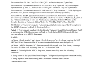 Circular No. 161/2011/TT-BTC promulgates Vietnam’s Special Preferential Import