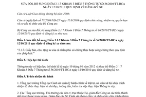 Thông tư 75/2011/TT-BCA sửa đổi Điểm 3.1.7 Khoản 3 Điều 7 Thông tư 36/2010/TT-BC