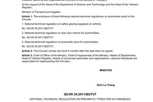 Circular 57/2011/TT-BGTVT three national technical regulations on automotive parts
