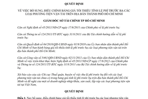 Quyết định 12329/STC-BVG-2 bổ sung bảng giá tối thiểu tính lệ phí trước bạ