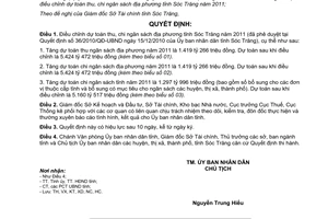 Quyết định 33/2011/QĐ-UBND điều chỉnh dự toán thu chi ngân sách Sóc Trăng