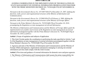 Joint circular No. 34/2011/TTLT-BTTT-BNG of November 24, 2011, guiding coordination in the implementation of the regulation on state management of external information promulgated together with the Prime Minister's Decision No. 79/2010/QD-TTg of november 30, 2010