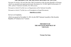 Order No. 11/2011/L-CTN on the promulgation of the law on Complaints