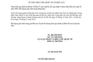 Thông báo hiệu lực Tuyên bố chung thiết lập quan hệ đối tác chiến lược