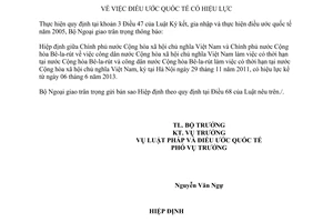 Thông báo 32/2013/TB-LPQT Hiệp định công dân Việt Nam làm việc có thời hạn tại nước ngoài