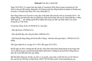 Công văn 3778/LĐTBXH-TCCB thông báo Chương trình học bổng Endeavour Úc