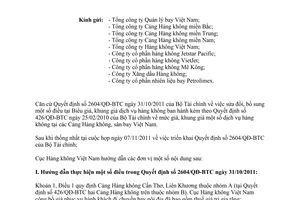 Công văn 5429/CHK-TC triển khai Quyết định 2604/QĐ-BTC khung giá dịch vụ hàng