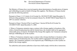 Official dispatch 15743/BTC-CST taxable prices and withholding tax paid on behalf of foreign suppliers