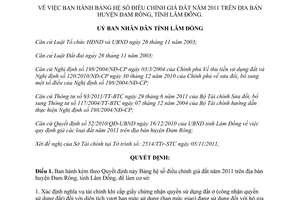 Quyết định 72/2011/QĐ-UBND ban hành hệ số điều chỉnh giá đất năm 2011 Lâm Đồng