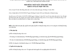 Nghị quyết 37/2011/NQ-HĐND mức phụ cấp nguồn chi trả phụ cấp cộng tác viên khuyến nông cơ sở Phú Thọ