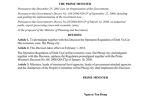 Decision No. 69/2011/QD-TTg promulgating the operation regulation of Dinh Vu-Cat