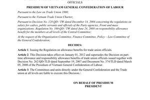 Decision No.1439/QD-TLD dated 2011 on issuing regulation on allowance benefits for trade union officials