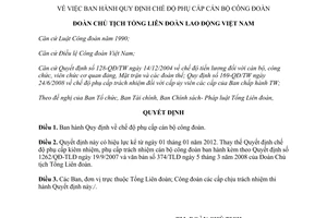 Quyết định 1439/QĐ-TLĐ chế độ phụ cấp cán bộ công đoàn