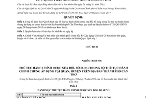 Quyết định 3138/QĐ-UBND công bố thủ tục hành sửa đổi bổ sung quận huyện Cần Thơ 2011