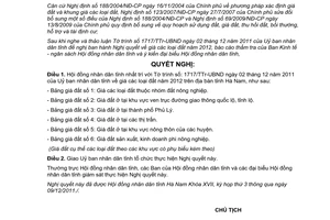 Nghị quyết 18/2011/NQ-HĐND giá đất năm 2012 trên địa bàn tỉnh Hà Nam