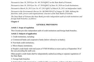 Circular No. 39/2011/TT-NHNN providing independent audit of credit institutions