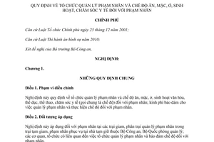 Nghị định 117/2011/NĐ-CP quy định về tổ chức quản lý phạm nhân và chế độ ăn, mặc