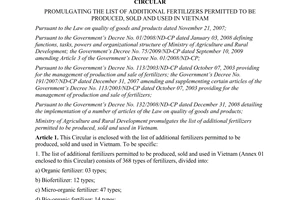 Circular 86/2011/TT-BNNPTNT promulgating list additional fertilizers permitted produced sold used Vietnam