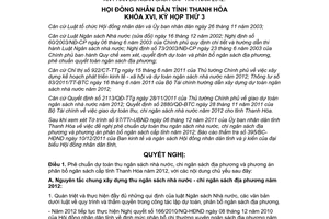 Nghị quyết 15/2011/NQ-HĐND dự toán thu ngân sách nhà nước chi ngân sách phân bổ 2012 Thanh Hóa