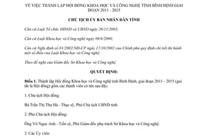 Quyết định 2882/QĐ-CTUBND năm 2011 thành lập Hội đồng Khoa học Công nghệ Bình Định